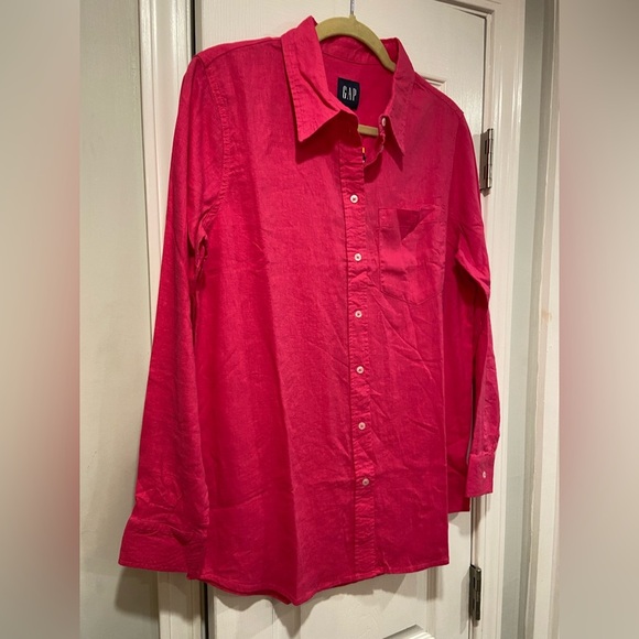 NWT Gap Hot Pink Linen Blend Button Down Collared Shirt Soft Breathable Size S - Picture 3 of 12